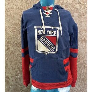 CCM NHL New York Rangers Hoodie SZ S Lace-Up Pullover Blue Red Mesh Trim